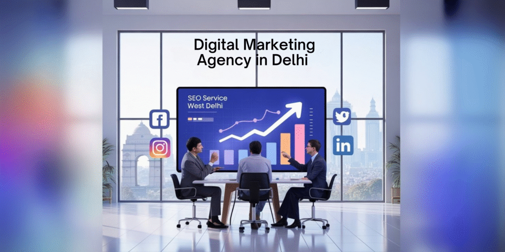 Digital Marketing Agency in Delhi Three professionals discussing digital marketing strategy in front of a screen showing growth chart with Delhi cityscape in background, representing SEO Service West Delhi.
